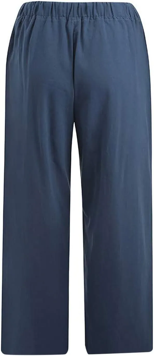 Linen Capris Pants for Women Summer Drawstring Elastic High Waist Linen Pant Straight Wide Leg Cropped Trouser Pants