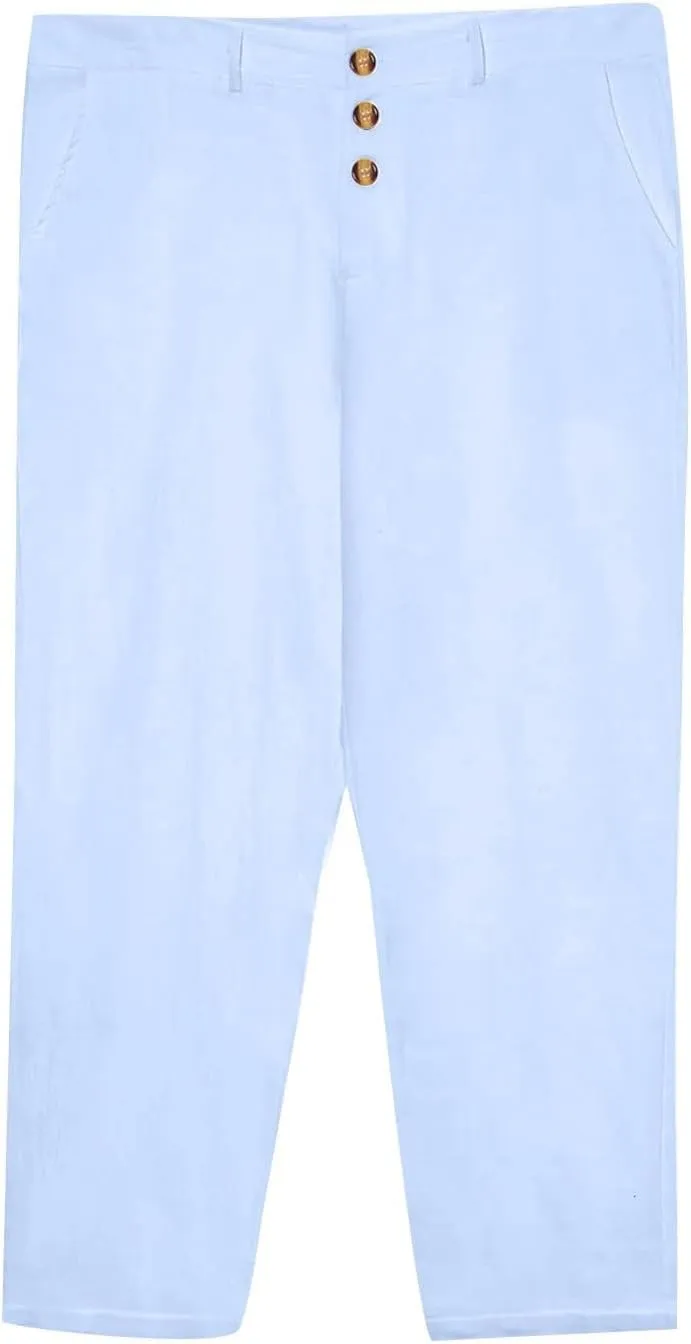 Linen Casual Dress Pants for Men High Waist Button Fly Straight Leg Trendy Formal Work Trousers Loose Beach Travel Pants