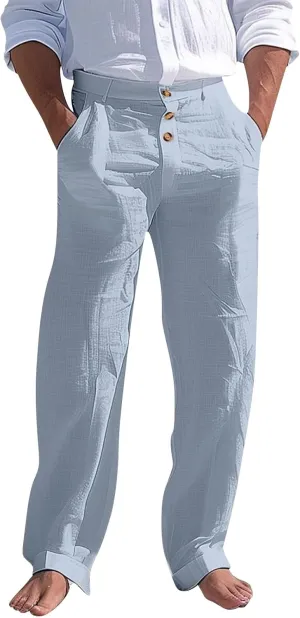 Linen Casual Dress Pants for Men High Waist Button Fly Straight Leg Trendy Formal Work Trousers Loose Beach Travel Pants