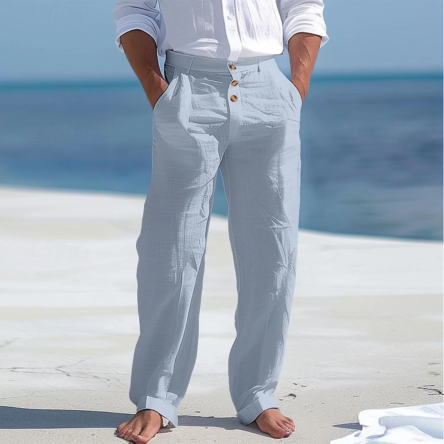 Linen Casual Dress Pants for Men High Waist Button Fly Straight Leg Trendy Formal Work Trousers Loose Beach Travel Pants