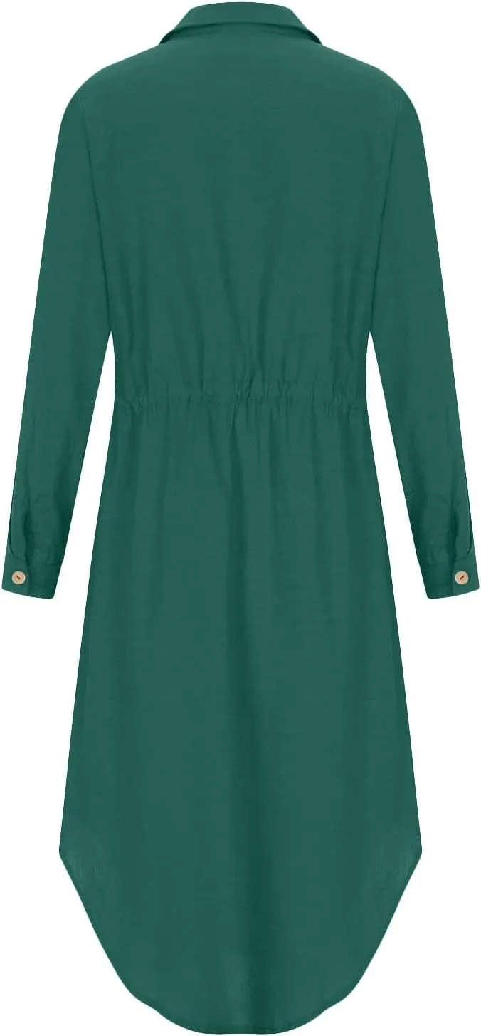 Linen Cotton Shirt Dresses for Women Button Down Drawstring Casual Dress Plain Long Maxi Dress Trendy Ladies Outfits