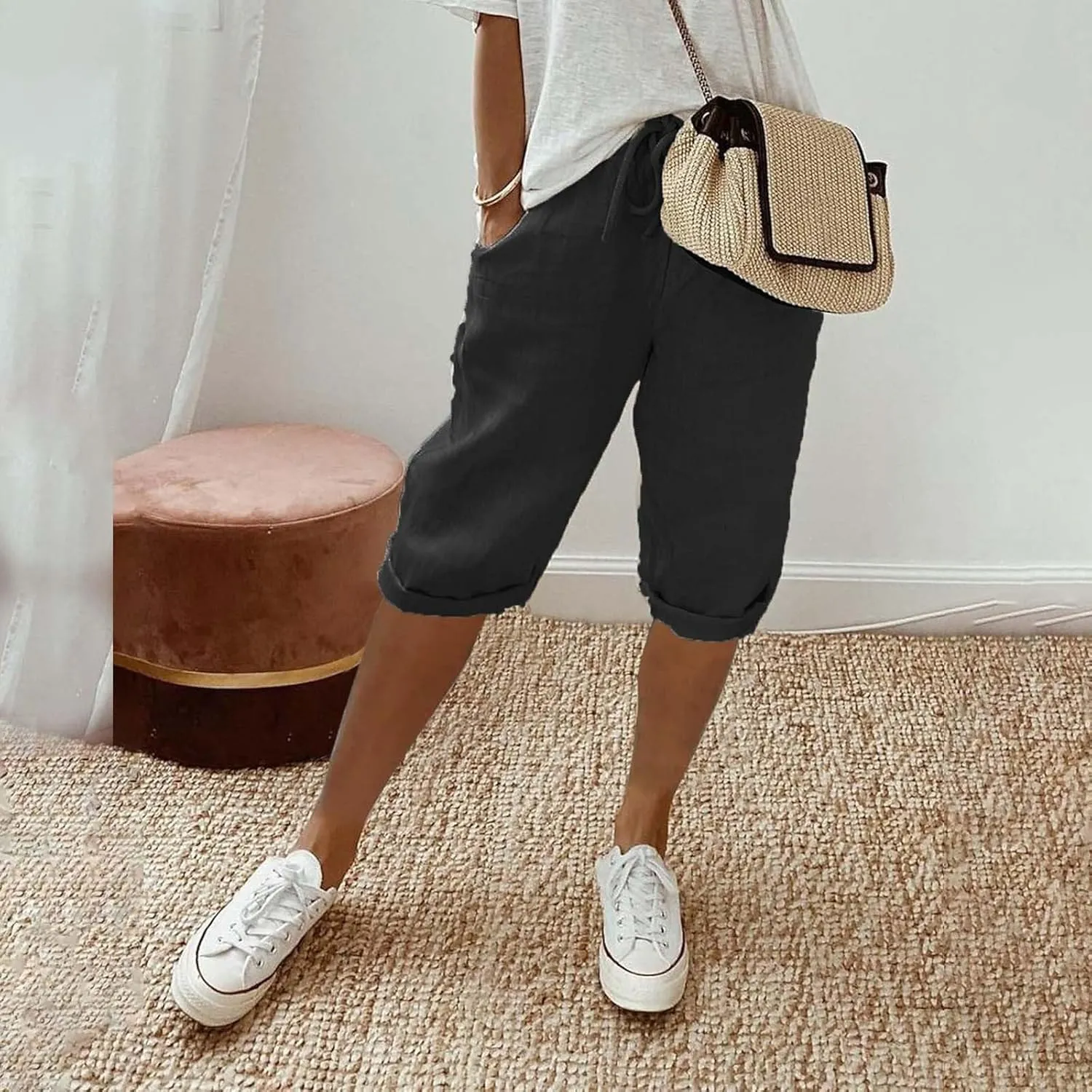 Linen Drawstring Pants for Women Lightweight Shorts High Waisted Casual Summer Drawstring Beach Vacation Outfit