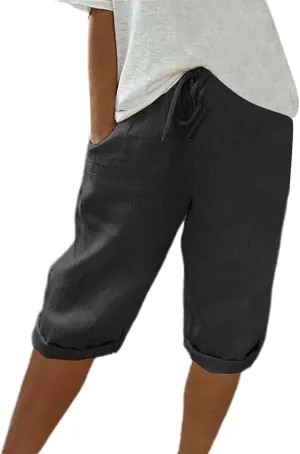 Linen Drawstring Pants for Women Lightweight Shorts High Waisted Casual Summer Drawstring Beach Vacation Outfit