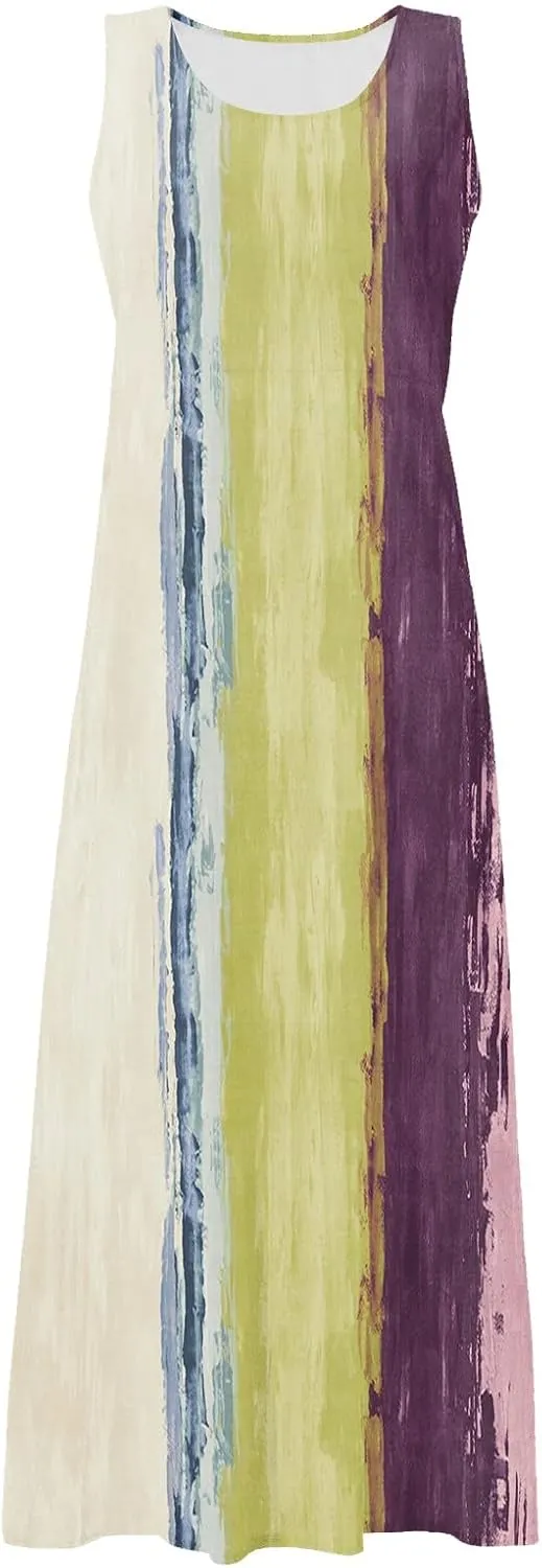 Linen Dress for Women Spring Sleeveless Color Stripe Print Casual Baggy Flowy Maxi Dresses Sundress with Pockets