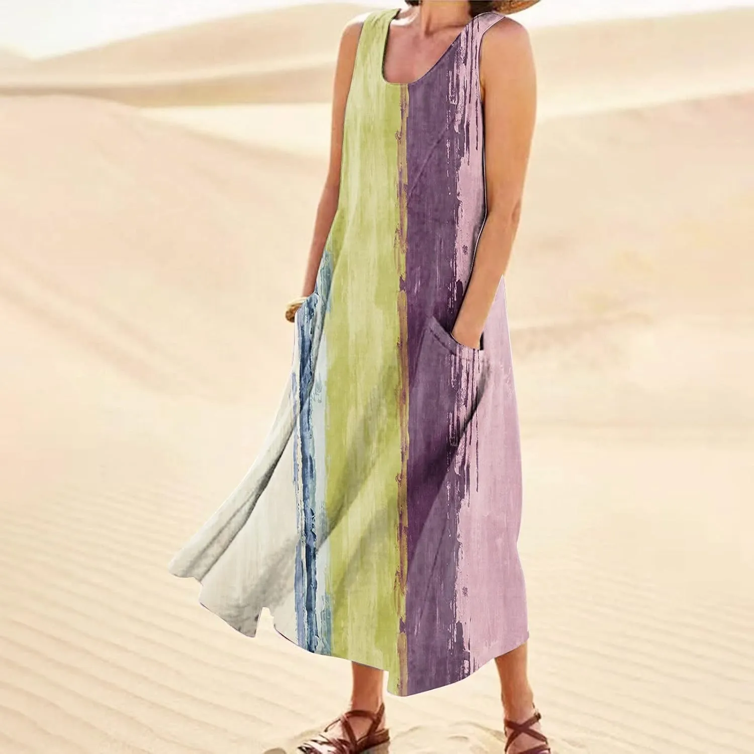 Linen Dress for Women Spring Sleeveless Color Stripe Print Casual Baggy Flowy Maxi Dresses Sundress with Pockets
