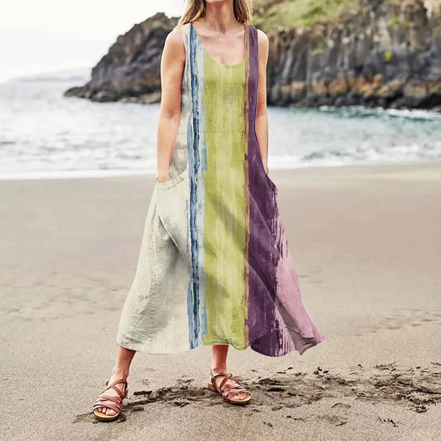 Linen Dress for Women Spring Sleeveless Color Stripe Print Casual Baggy Flowy Maxi Dresses Sundress with Pockets