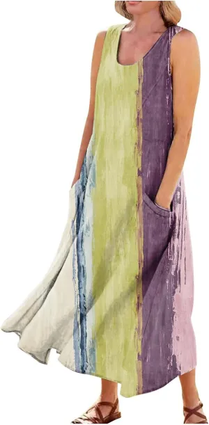Linen Dress for Women Spring Sleeveless Color Stripe Print Casual Baggy Flowy Maxi Dresses Sundress with Pockets
