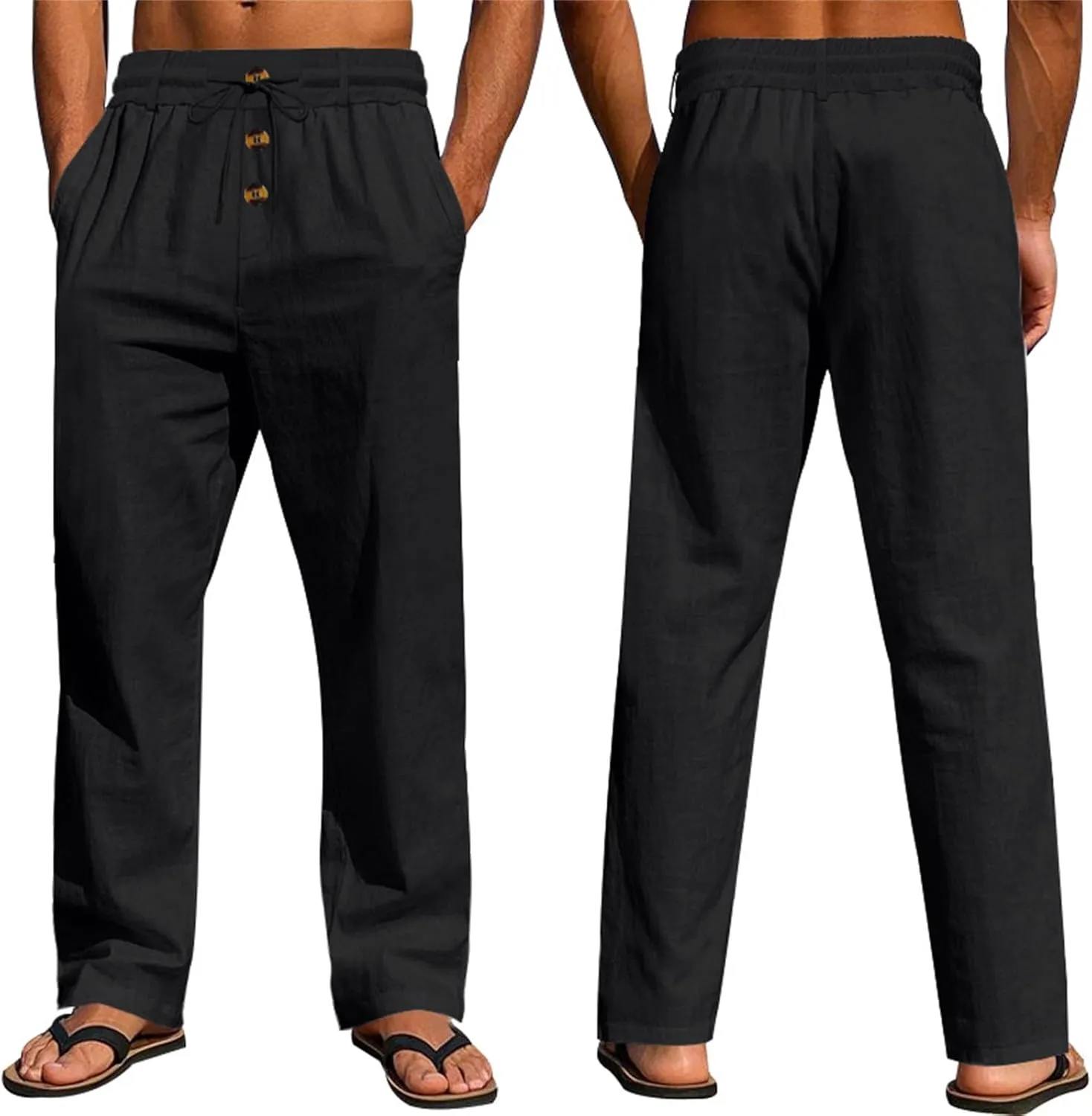 Linen Pants for Men Summer Lightweight Plain Casual Pants Beach Vacation Slacks Loose Fit Drawstring Waist Trousers