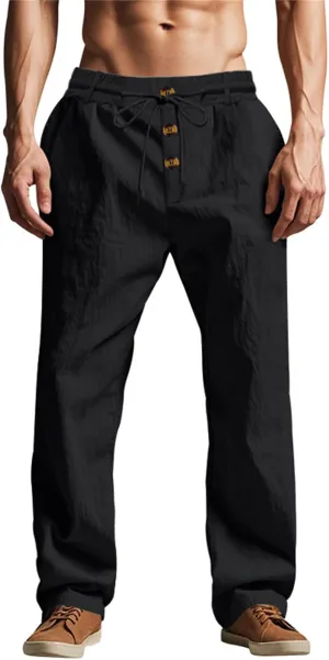 Linen Pants for Men Summer Lightweight Plain Casual Pants Beach Vacation Slacks Loose Fit Drawstring Waist Trousers