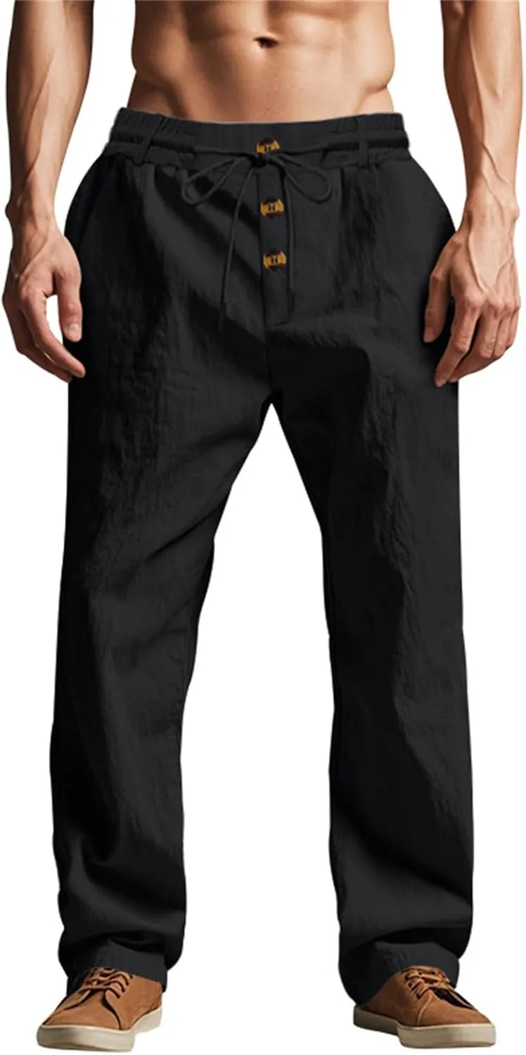 Linen Pants for Men Summer Lightweight Plain Casual Pants Beach Vacation Slacks Loose Fit Drawstring Waist Trousers
