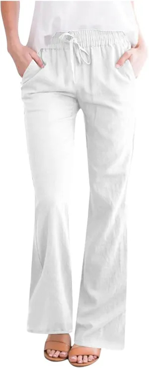 Linen Pants Women Casual Linen High Waist Pants Vacation Travel Pants Drawstring Loose Summer Trousers with Pockets