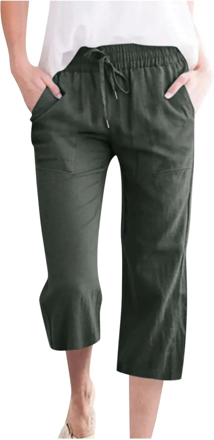 Linen Pants Women Casual Summer Straight Wide Leg Loose Capris Drawstring Elastic High Waist Pockets Cropped Trouser
