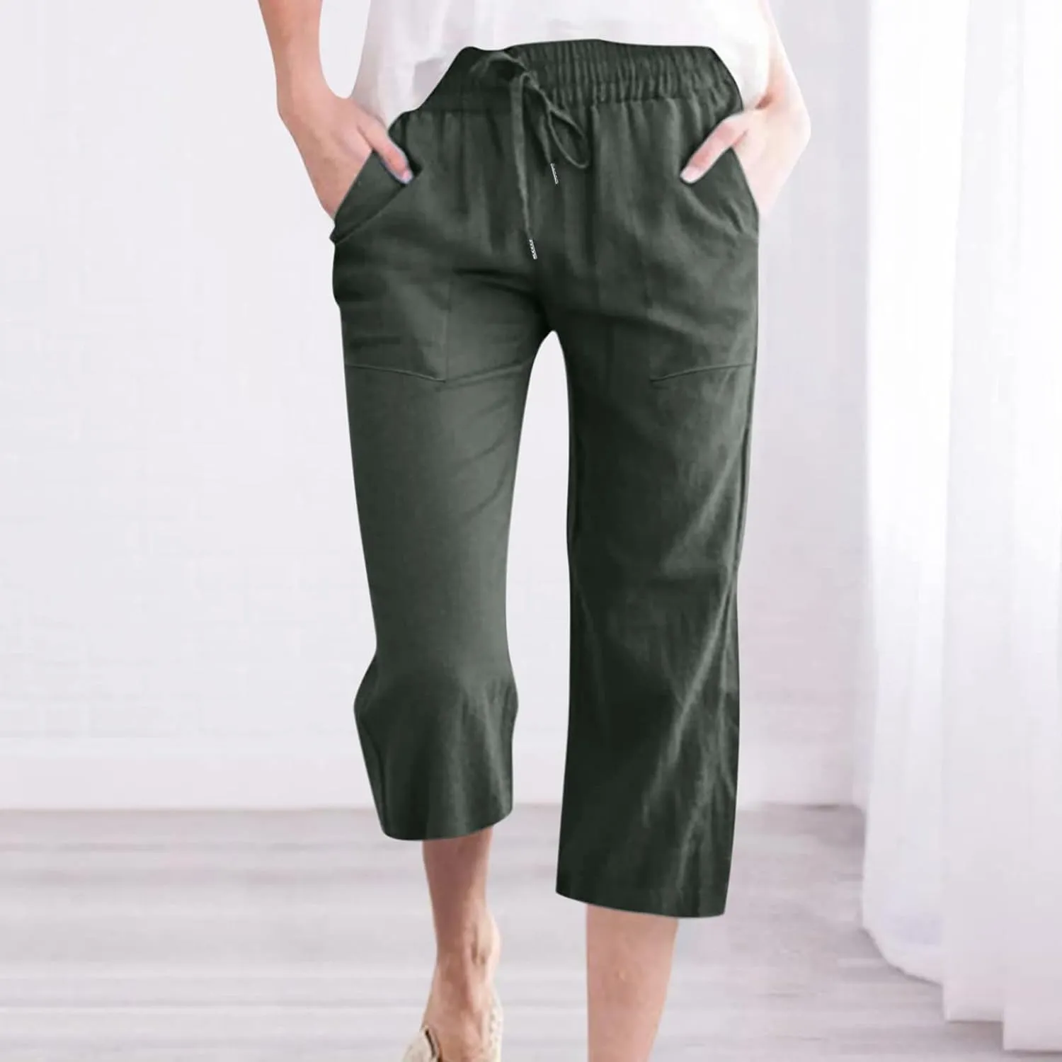 Linen Pants Women Casual Summer Straight Wide Leg Loose Capris Drawstring Elastic High Waist Pockets Cropped Trouser