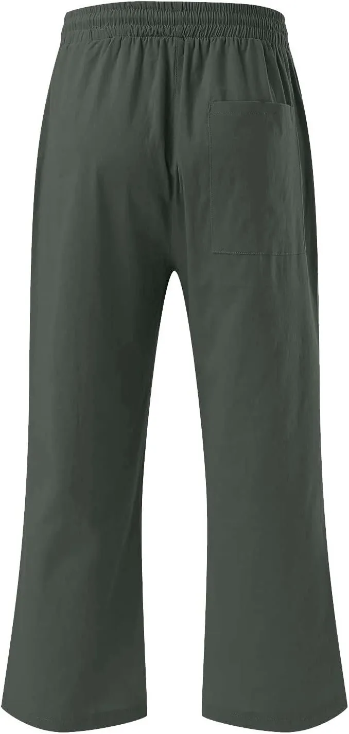 Linen Pants Women Casual Summer Straight Wide Leg Loose Capris Drawstring Elastic High Waist Pockets Cropped Trouser