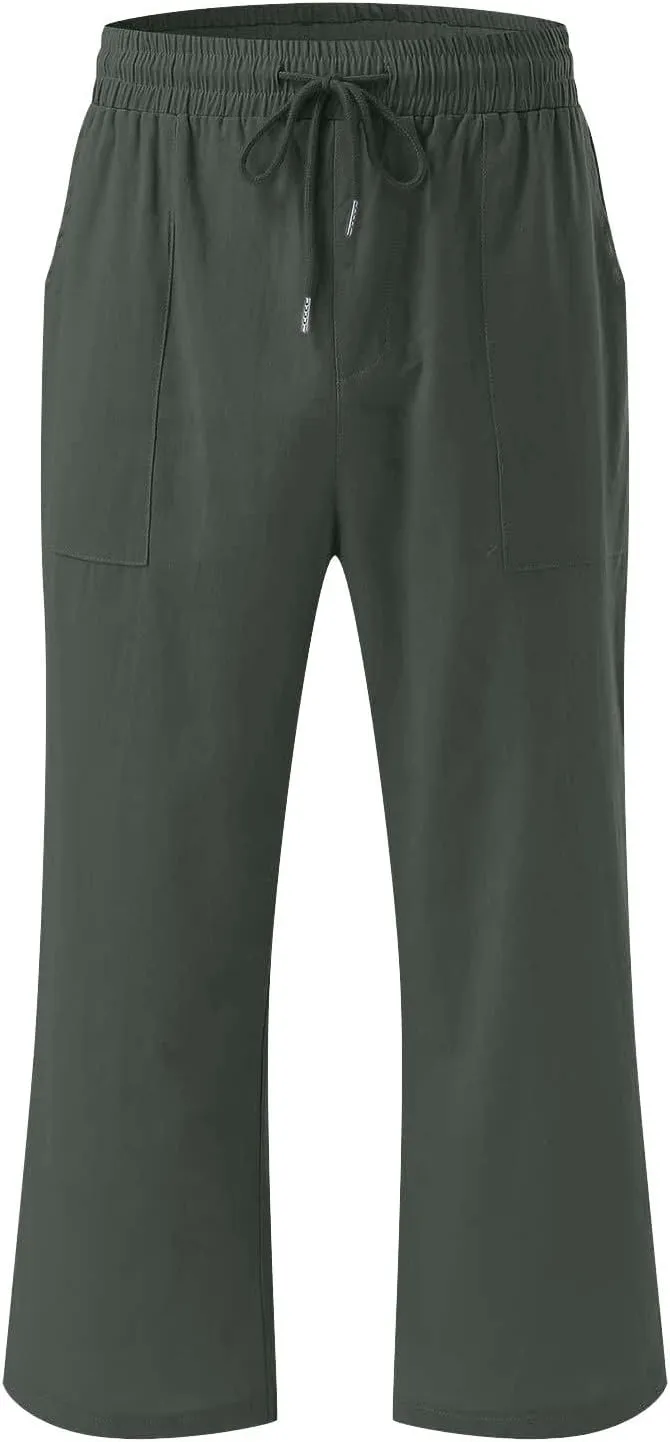 Linen Pants Women Casual Summer Straight Wide Leg Loose Capris Drawstring Elastic High Waist Pockets Cropped Trouser