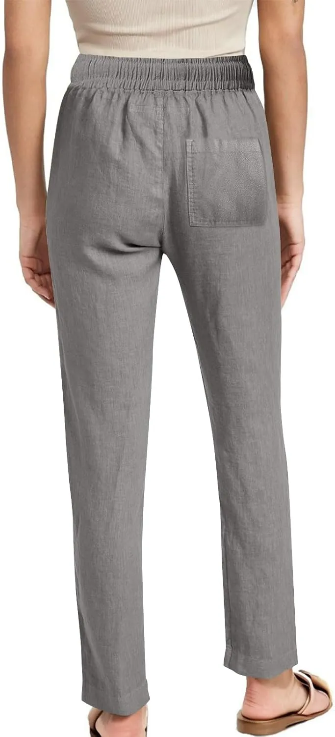 Linen Pants Women High Waist Linen Trousers Drawstring Waist Casual Pants Summer Vacation Beach Long Pant with Pockets