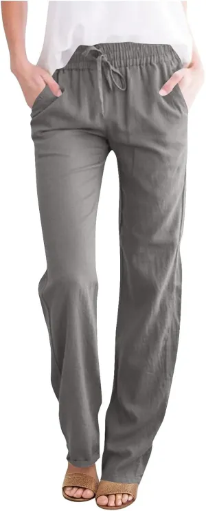 Linen Pants Women High Waist Linen Trousers Drawstring Waist Casual Pants Summer Vacation Beach Long Pant with Pockets