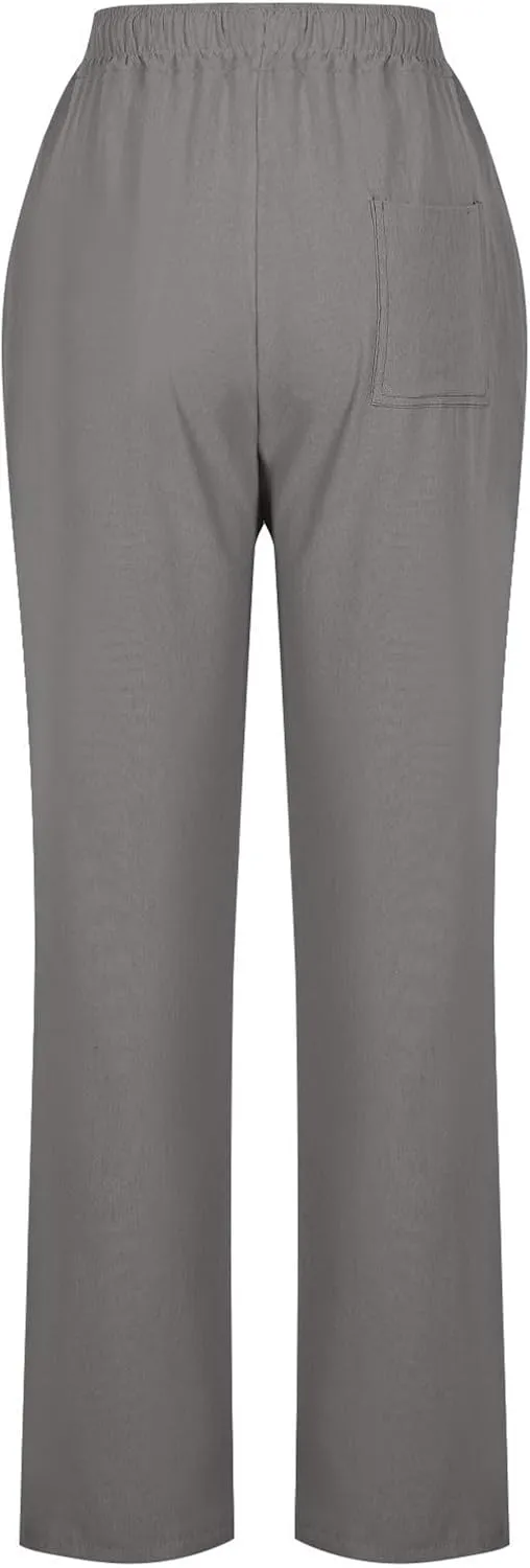 Linen Pants Women High Waist Linen Trousers Drawstring Waist Casual Pants Summer Vacation Beach Long Pant with Pockets