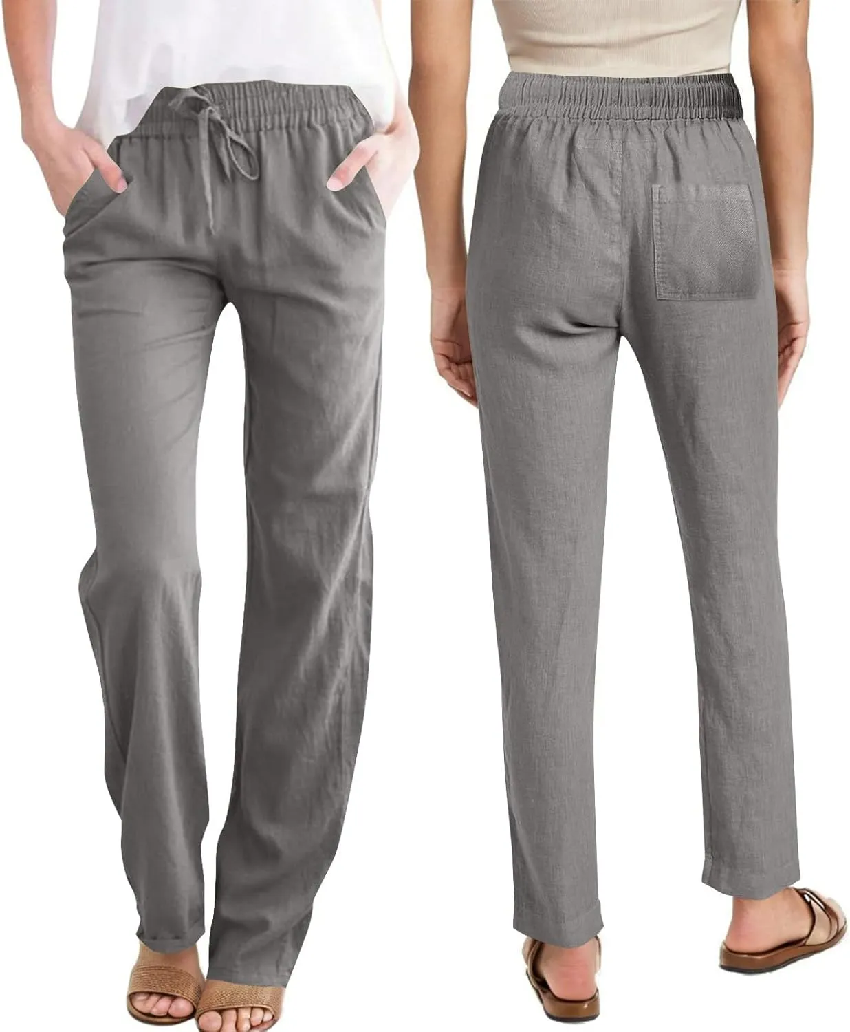 Linen Pants Women High Waist Linen Trousers Drawstring Waist Casual Pants Summer Vacation Beach Long Pant with Pockets