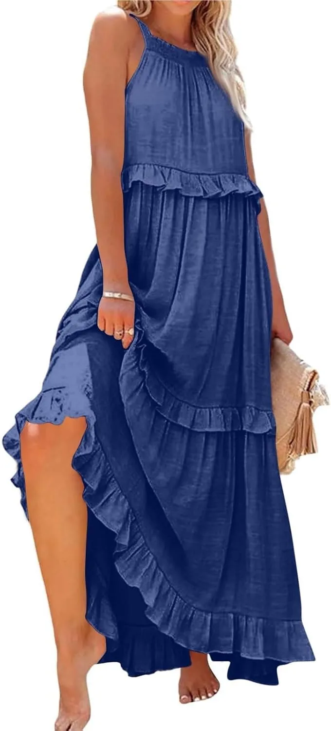 Long Dresses for Women Sleeveless Smocked Ruffle Halter Neck Maxi Dress Summer Tiered Flowy Swing A Line Sundresses