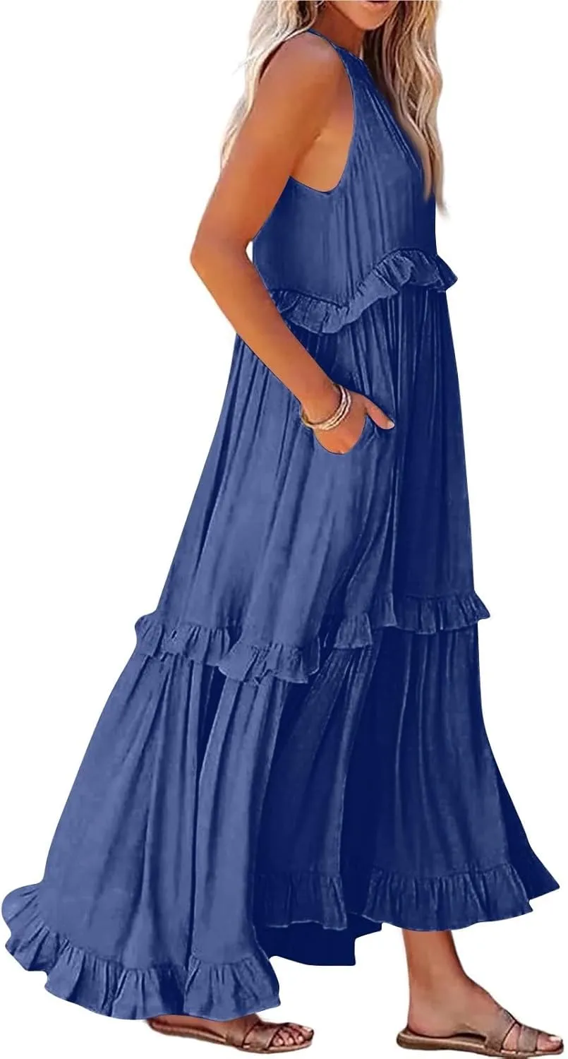 Long Dresses for Women Sleeveless Smocked Ruffle Halter Neck Maxi Dress Summer Tiered Flowy Swing A Line Sundresses