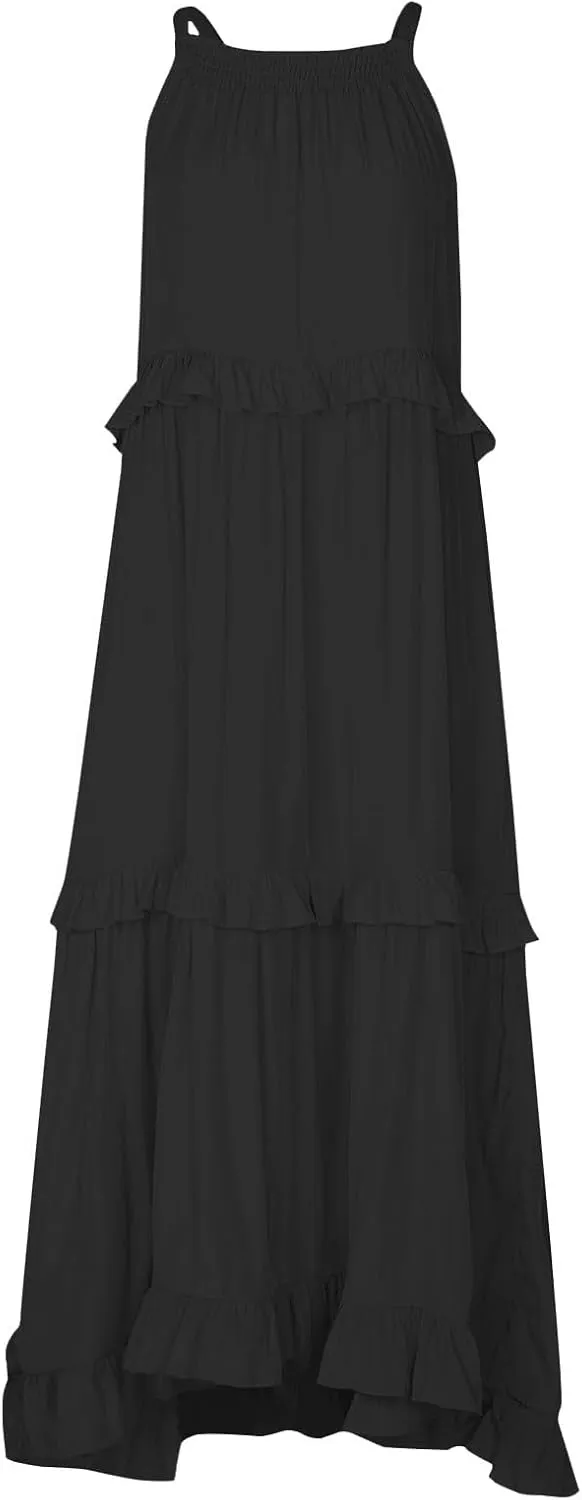 Long Dresses for Women Sleeveless Smocked Ruffle Halter Neck Maxi Dress Summer Tiered Flowy Swing A Line Sundresses