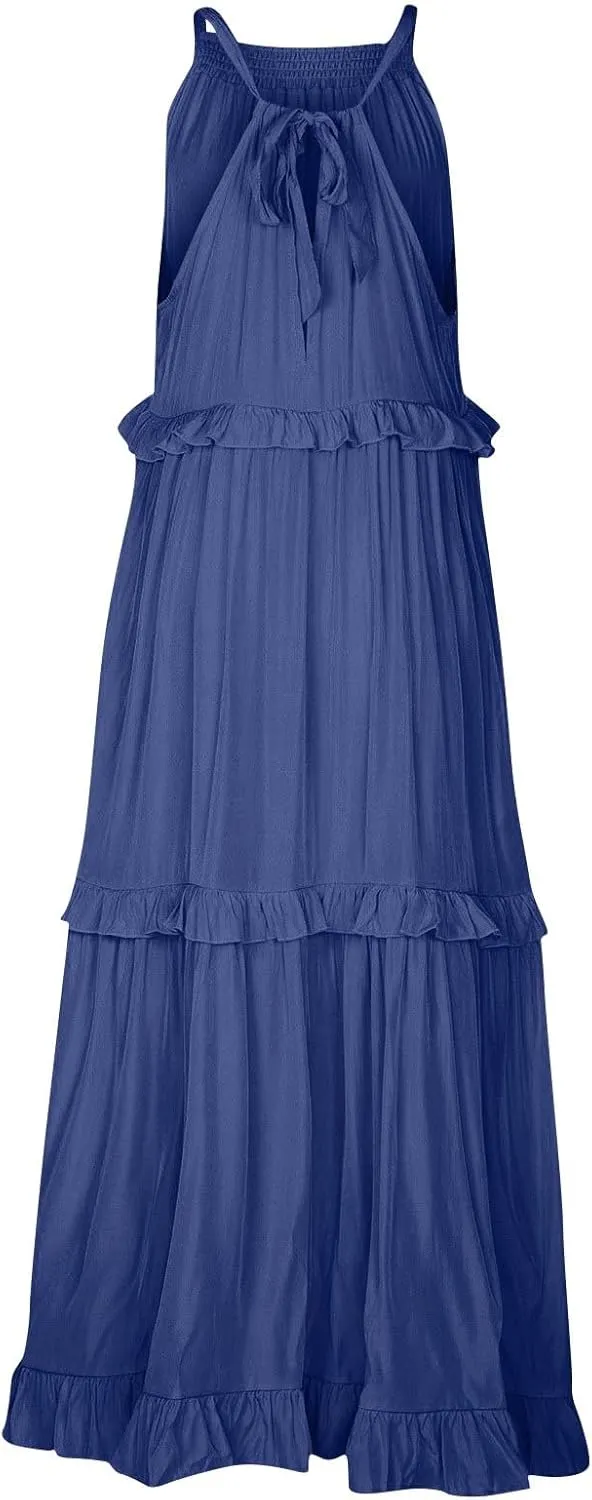 Long Dresses for Women Sleeveless Smocked Ruffle Halter Neck Maxi Dress Summer Tiered Flowy Swing A Line Sundresses