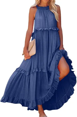 Long Dresses for Women Sleeveless Smocked Ruffle Halter Neck Maxi Dress Summer Tiered Flowy Swing A Line Sundresses