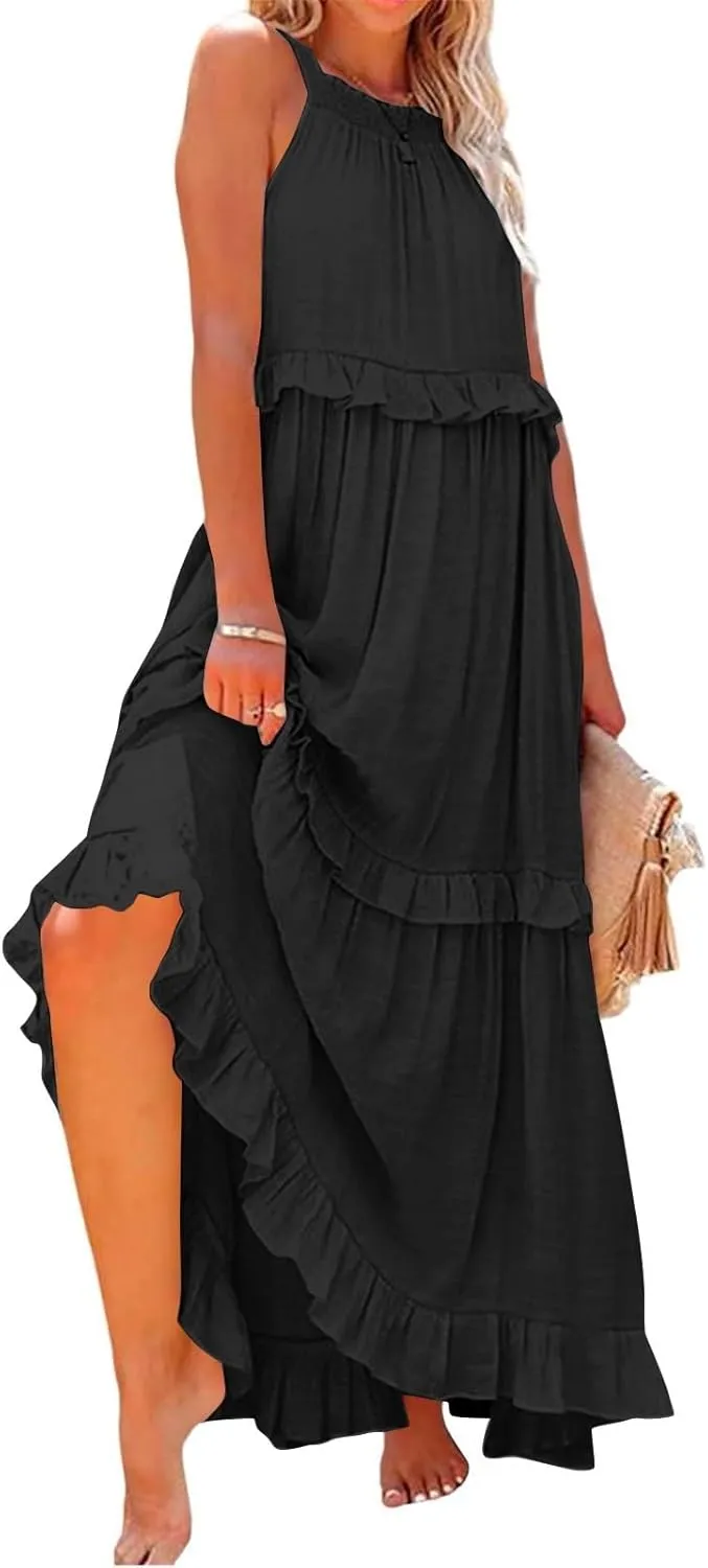 Long Dresses for Women Sleeveless Smocked Ruffle Halter Neck Maxi Dress Summer Tiered Flowy Swing A Line Sundresses
