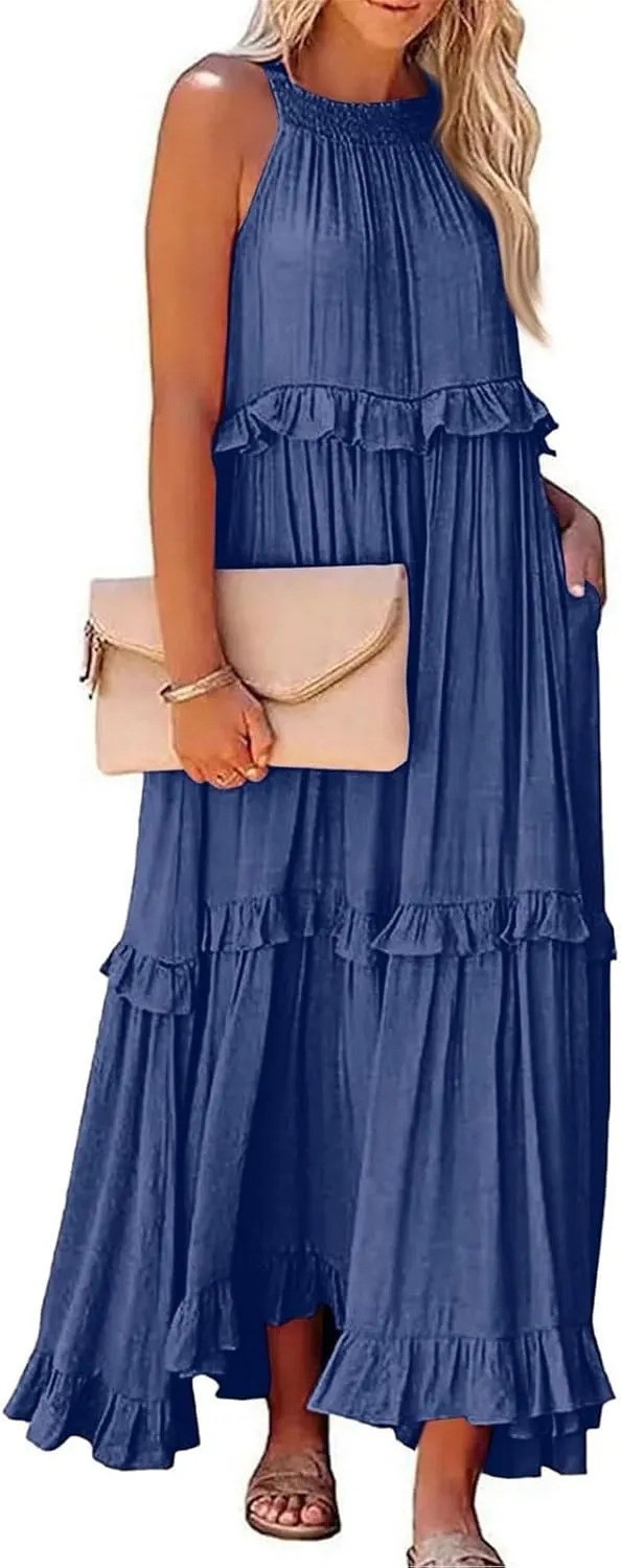 Long Dresses for Women Sleeveless Smocked Ruffle Halter Neck Maxi Dress Summer Tiered Flowy Swing A Line Sundresses