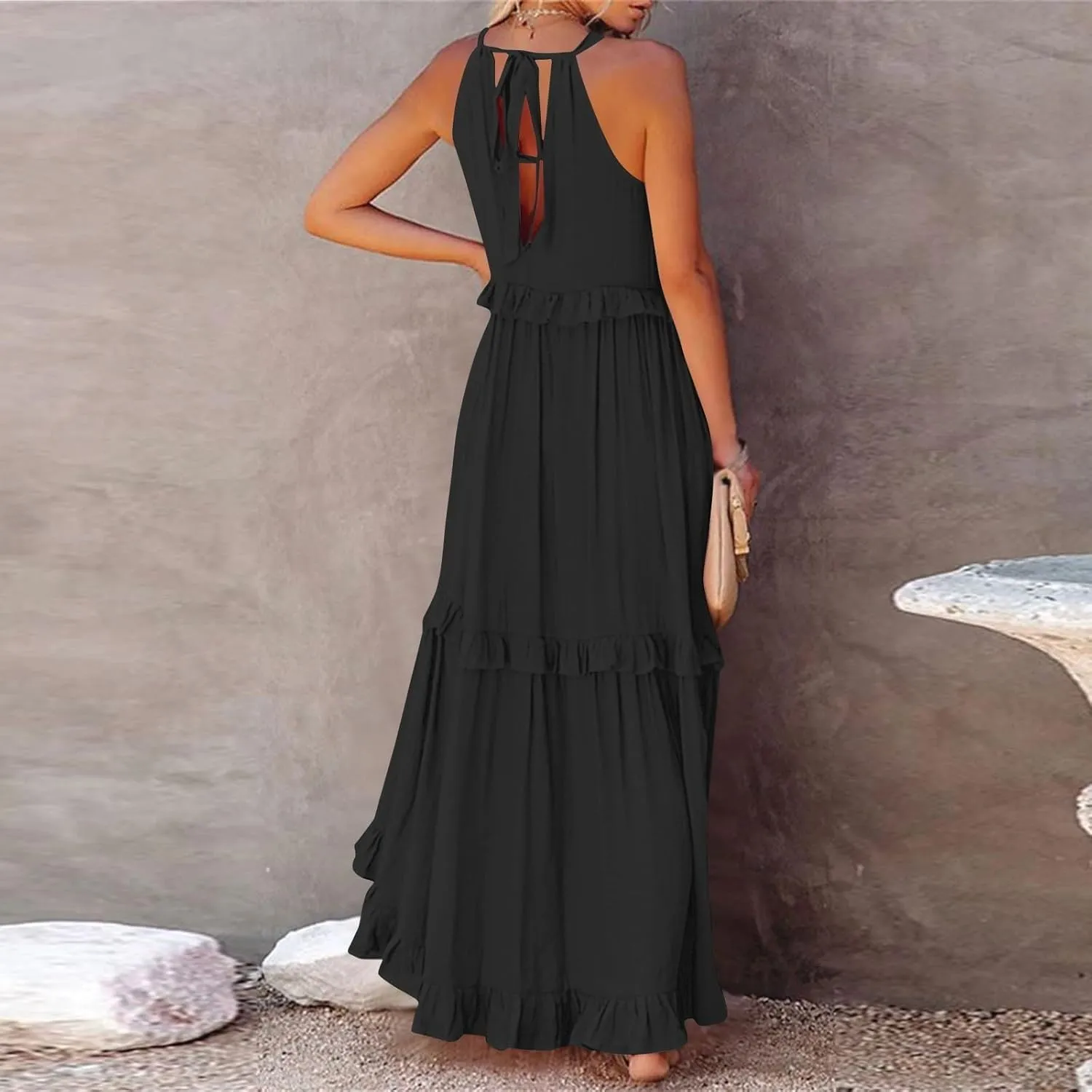 Long Dresses for Women Sleeveless Smocked Ruffle Halter Neck Maxi Dress Summer Tiered Flowy Swing A Line Sundresses
