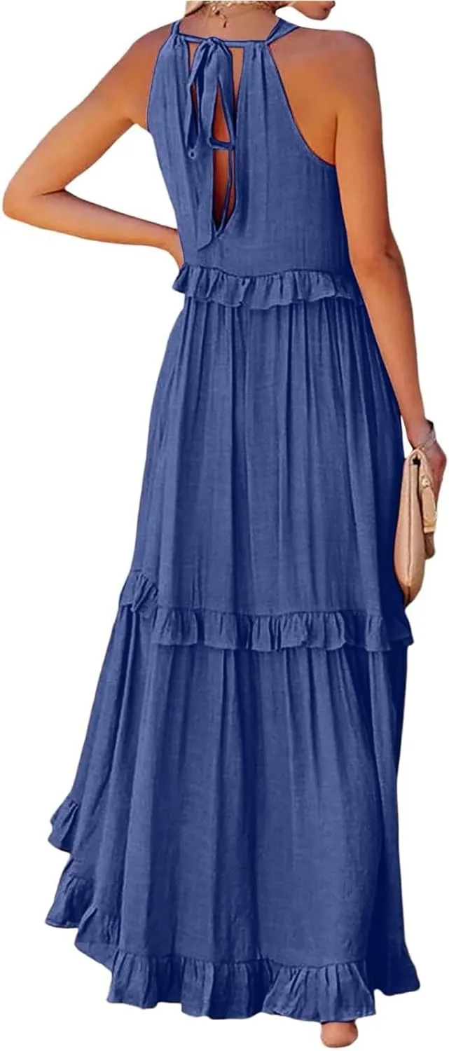 Long Dresses for Women Sleeveless Smocked Ruffle Halter Neck Maxi Dress Summer Tiered Flowy Swing A Line Sundresses