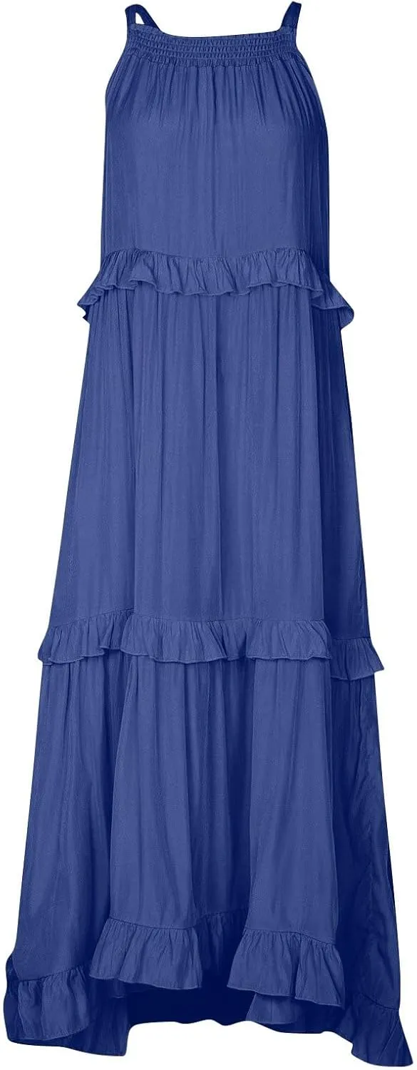 Long Dresses for Women Sleeveless Smocked Ruffle Halter Neck Maxi Dress Summer Tiered Flowy Swing A Line Sundresses