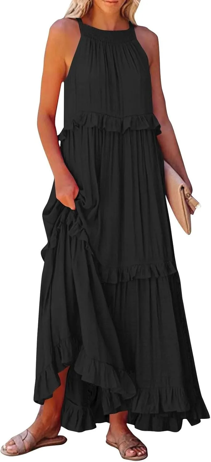 Long Dresses for Women Sleeveless Smocked Ruffle Halter Neck Maxi Dress Summer Tiered Flowy Swing A Line Sundresses