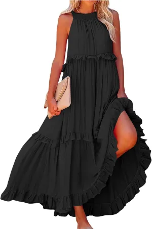 Long Dresses for Women Sleeveless Smocked Ruffle Halter Neck Maxi Dress Summer Tiered Flowy Swing A Line Sundresses