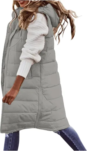 Long Puffer Vest for Women Padded Sleeveless Hooded Jackets Winter Warm Puffy Coats Outerwear Vests with Pockets