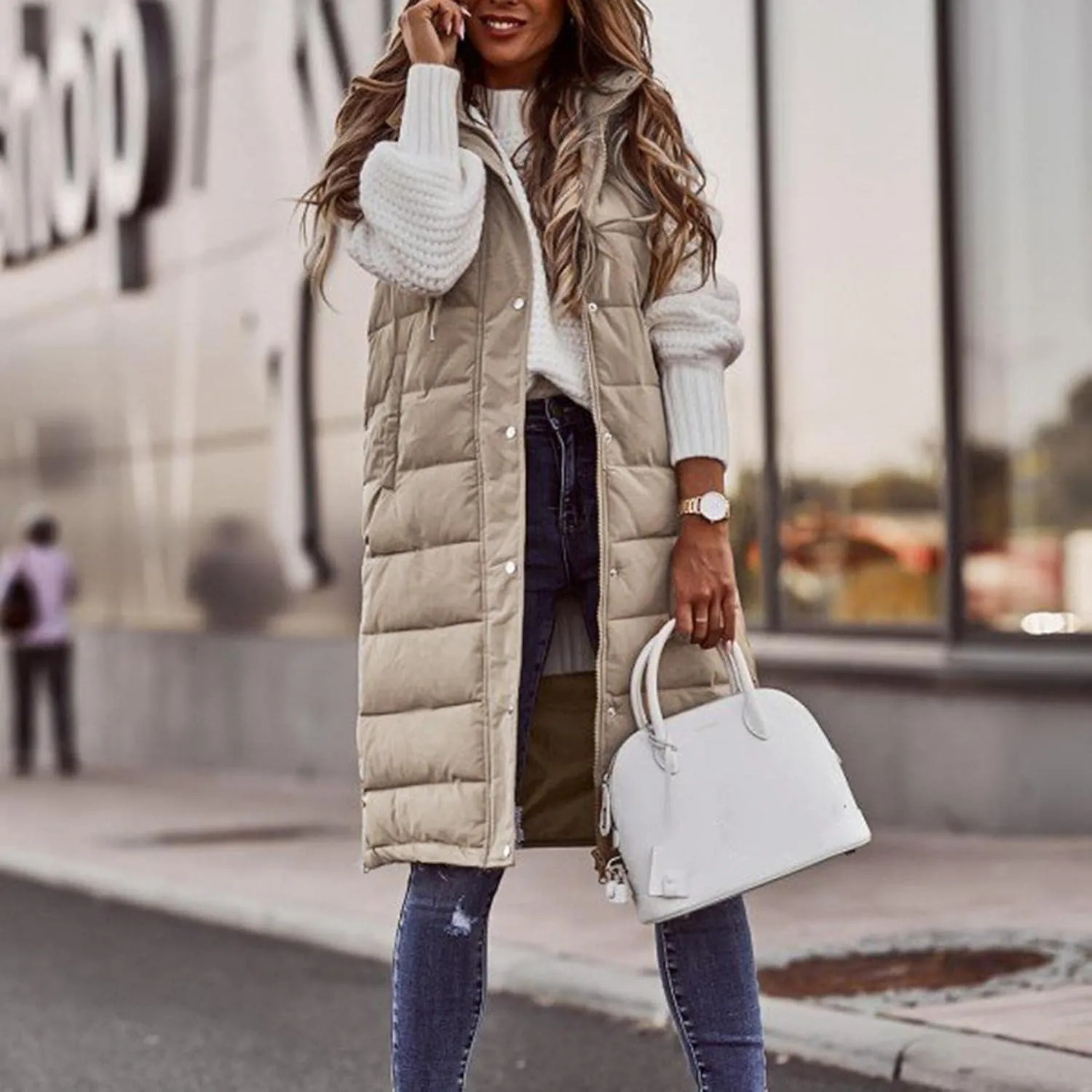Long Puffer Vest for Women Padded Sleeveless Hooded Jackets Winter Warm Puffy Coats Outerwear Vests with Pockets
