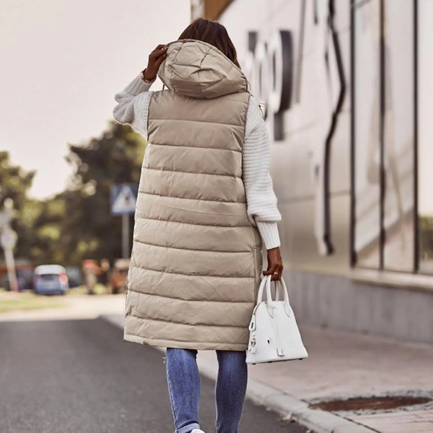 Long Puffer Vest for Women Padded Sleeveless Hooded Jackets Winter Warm Puffy Coats Outerwear Vests with Pockets