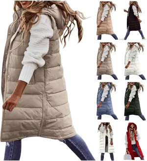 Long Puffer Vest for Women Padded Sleeveless Hooded Jackets Winter Warm Puffy Coats Outerwear Vests with Pockets