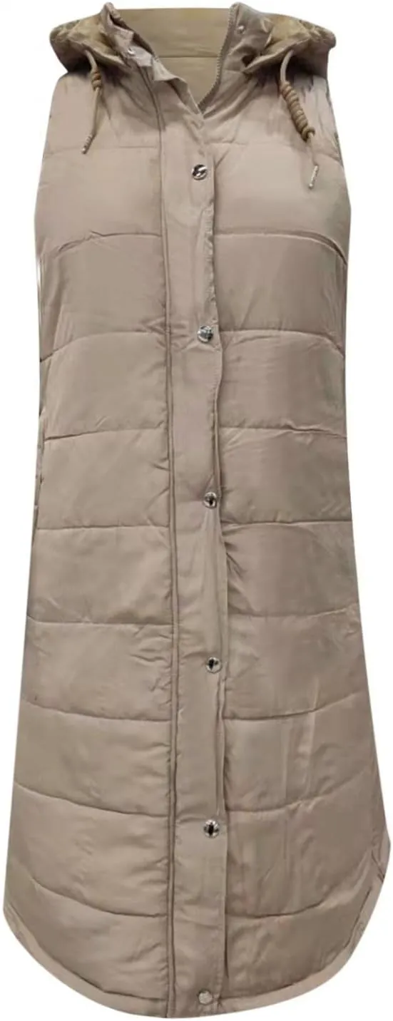 Long Puffer Vest for Women Padded Sleeveless Hooded Jackets Winter Warm Puffy Coats Outerwear Vests with Pockets