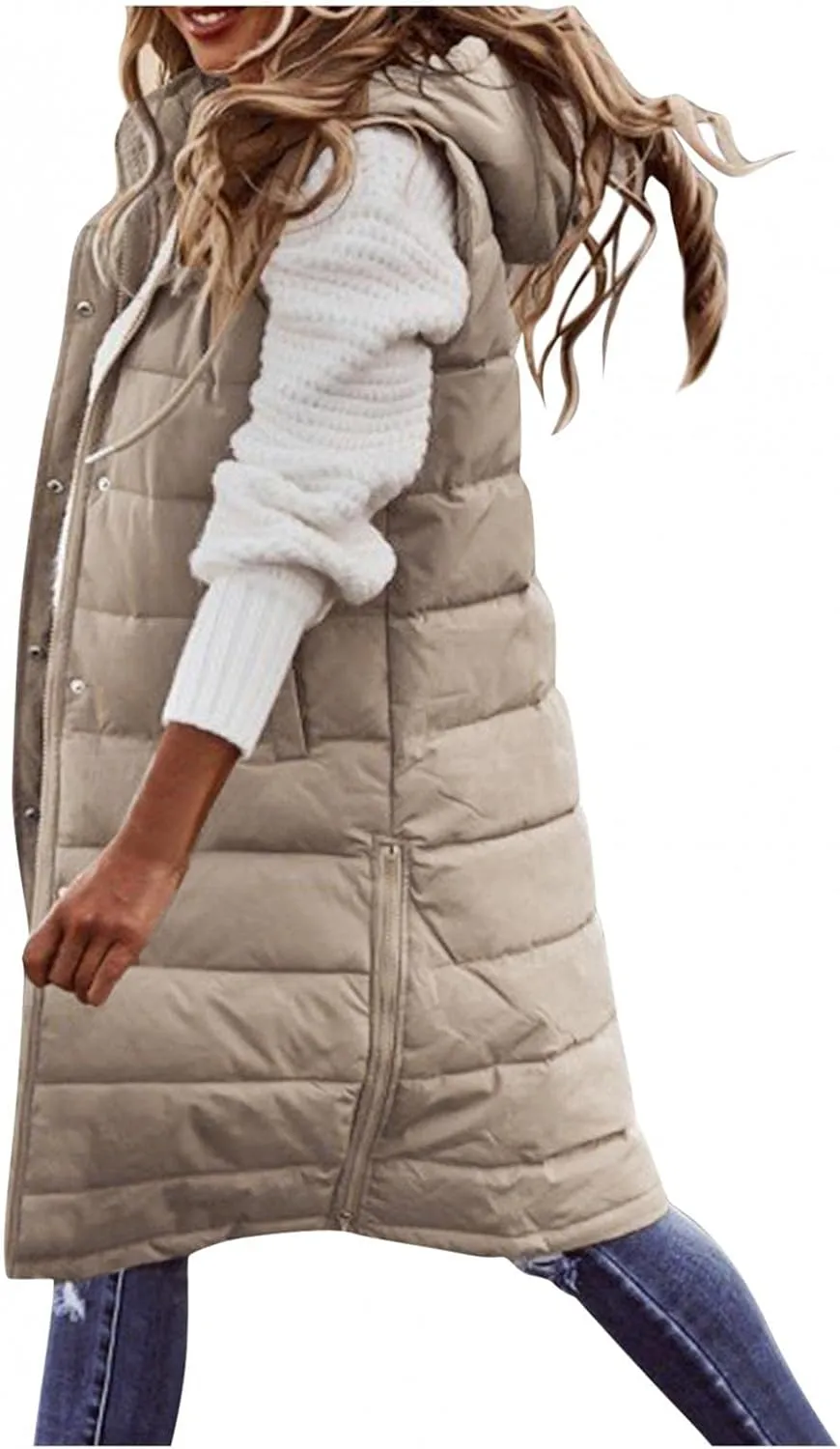 Long Puffer Vest for Women Padded Sleeveless Hooded Jackets Winter Warm Puffy Coats Outerwear Vests with Pockets