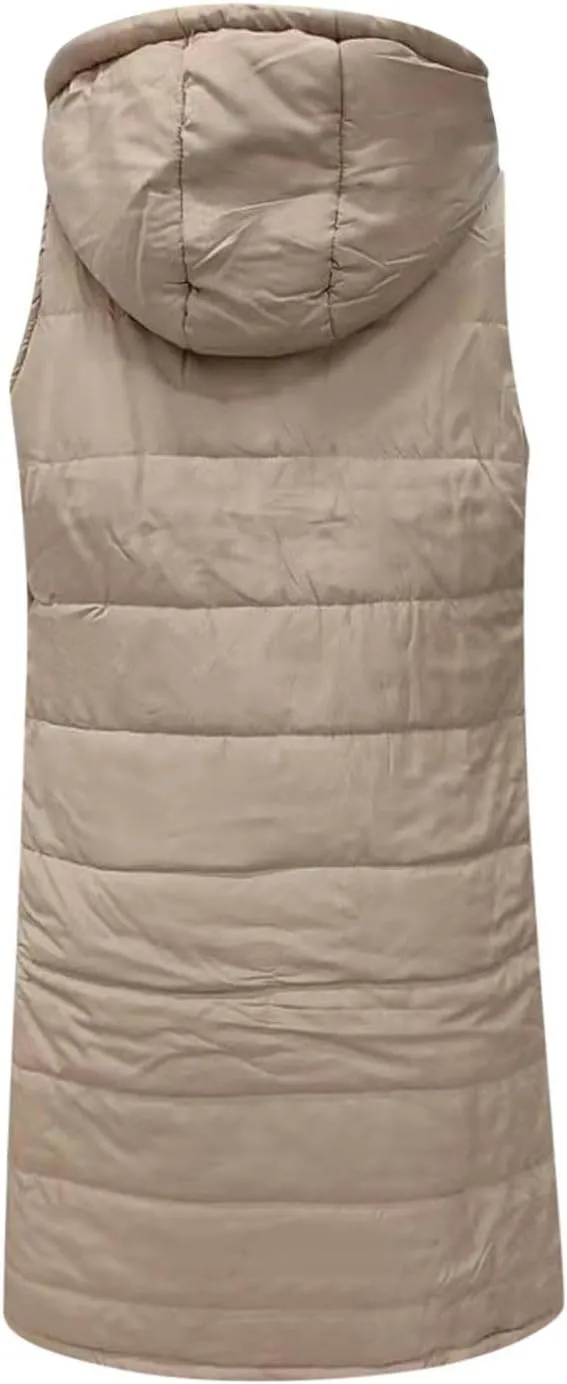 Long Puffer Vest for Women Padded Sleeveless Hooded Jackets Winter Warm Puffy Coats Outerwear Vests with Pockets