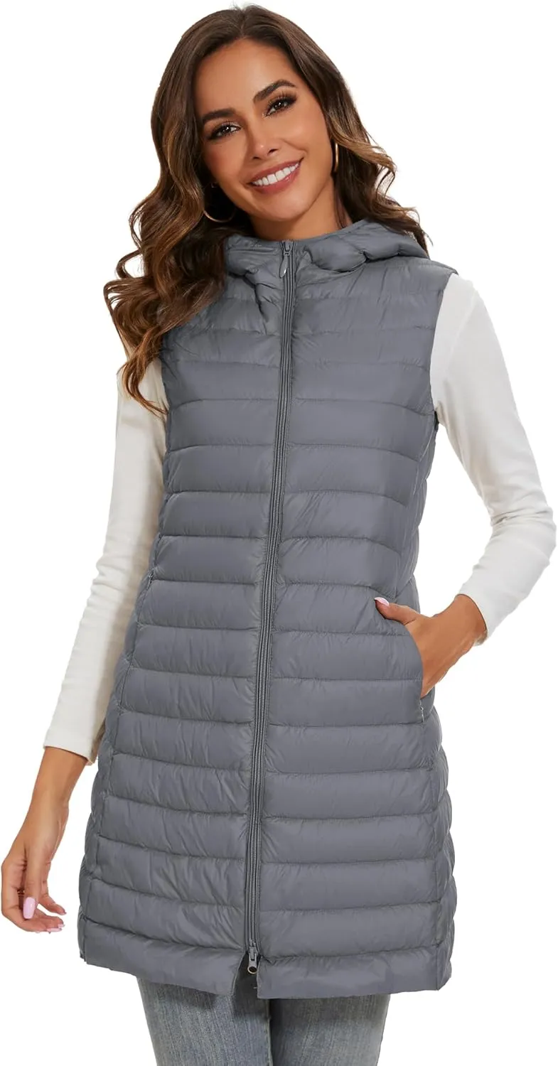 Long Puffer Vest with Hood Lightweight Down Vest Women Sleeveless Puffer Jacket Zipper