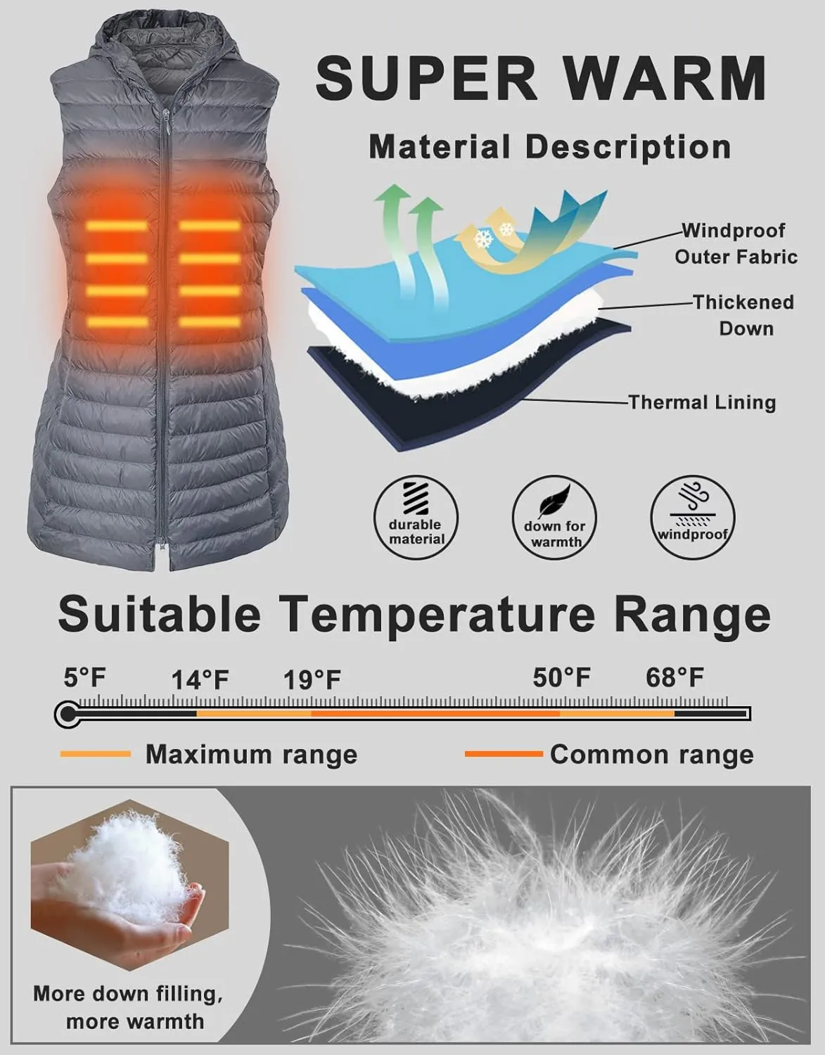 Long Puffer Vest with Hood Lightweight Down Vest Women Sleeveless Puffer Jacket Zipper
