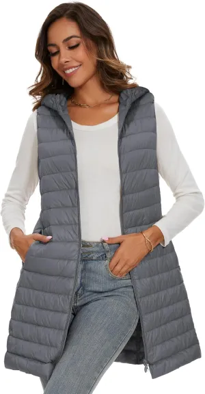 Long Puffer Vest with Hood Lightweight Down Vest Women Sleeveless Puffer Jacket Zipper