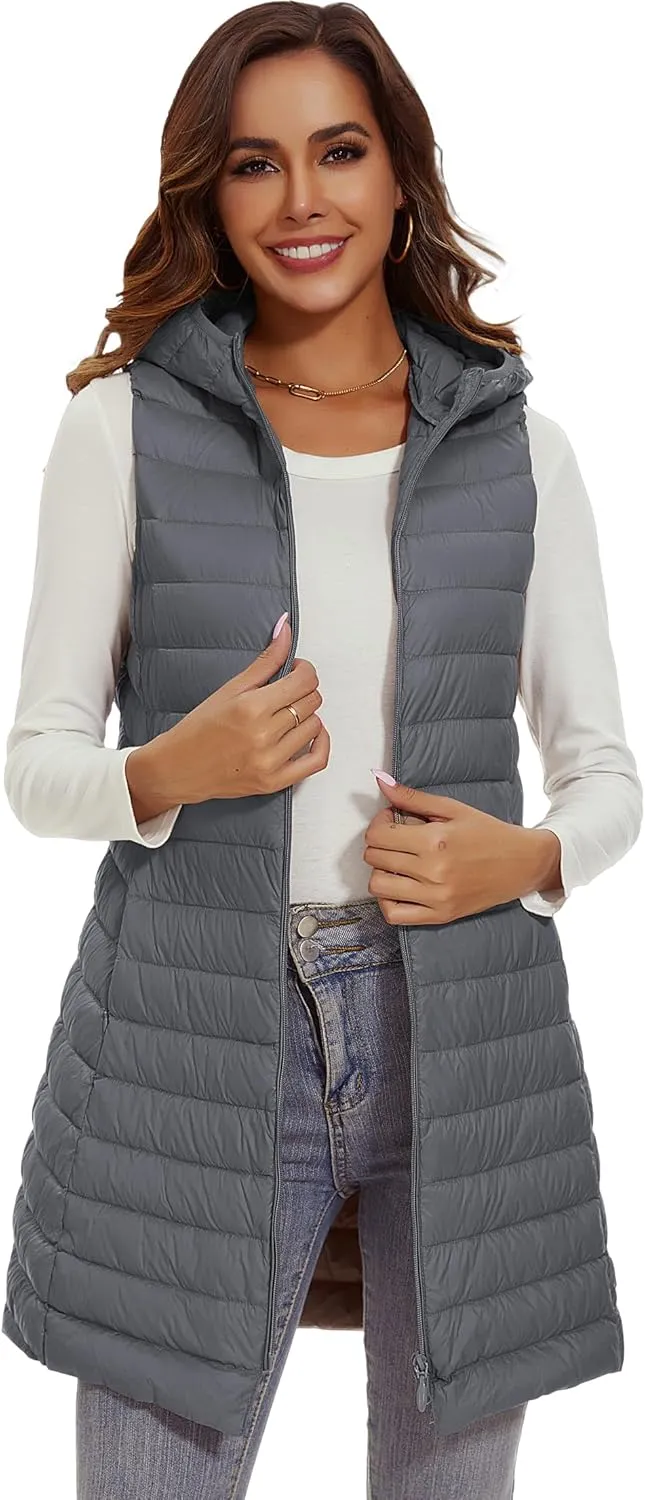 Long Puffer Vest with Hood Lightweight Down Vest Women Sleeveless Puffer Jacket Zipper