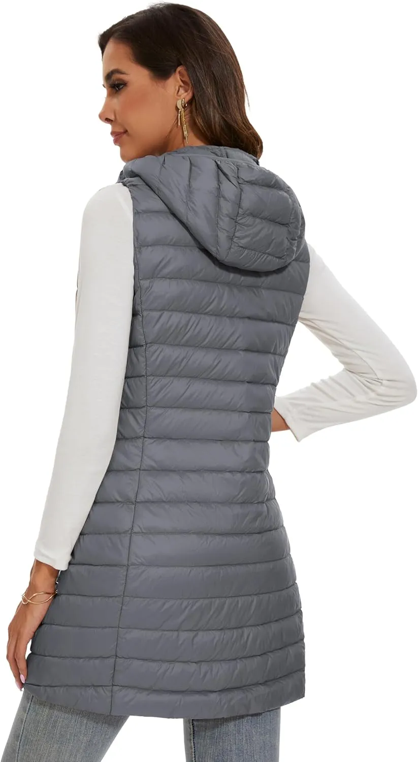 Long Puffer Vest with Hood Lightweight Down Vest Women Sleeveless Puffer Jacket Zipper