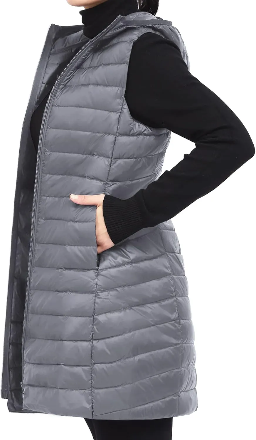 Long Puffer Vest with Hood Lightweight Down Vest Women Sleeveless Puffer Jacket Zipper