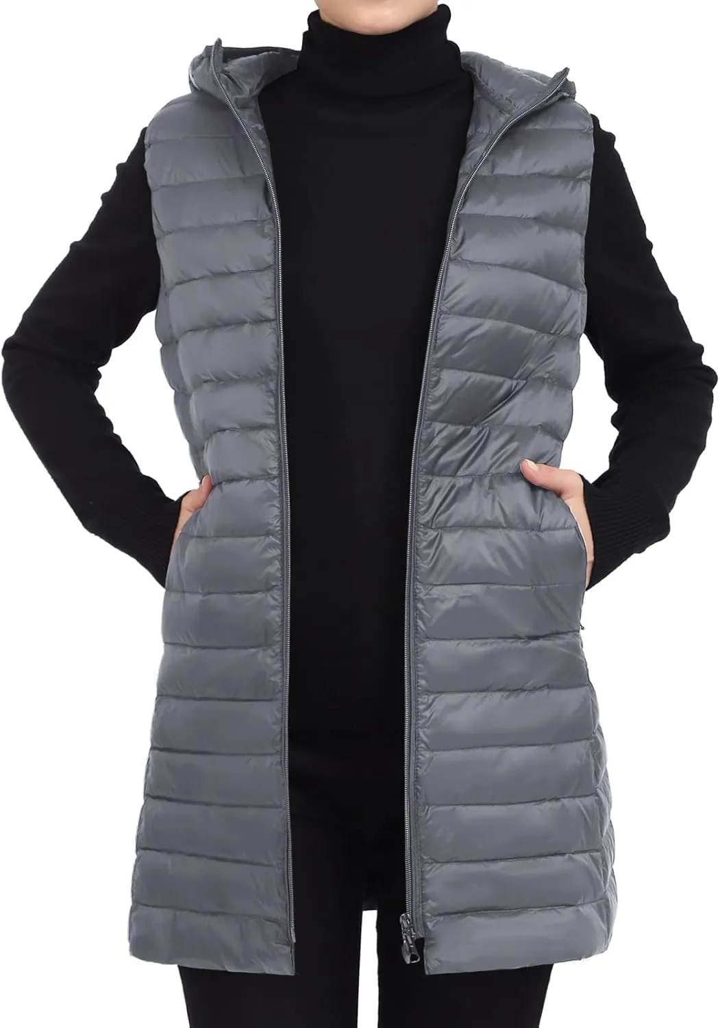 Long Puffer Vest with Hood Lightweight Down Vest Women Sleeveless Puffer Jacket Zipper