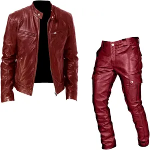 Long Retro Slim Men's Pants Autumn/Winter Punk Casual Suit Leather Leather Pants Two Piece Suit Suit Inner
